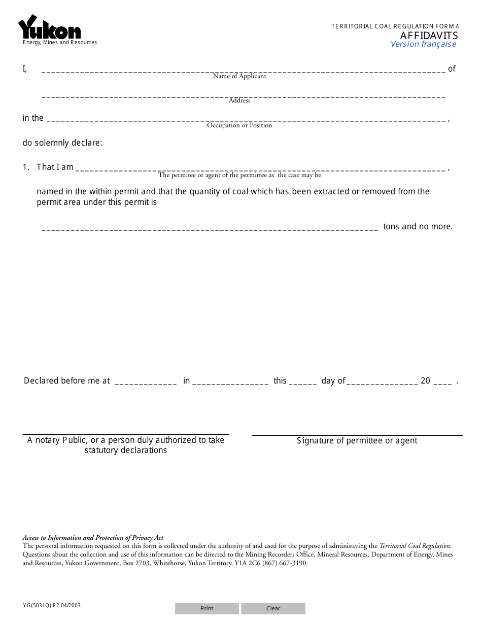 TERRITORIAL COAL REGULATION Form 4 (YG5031) Affidavit - Yukon, Canada, Page 1