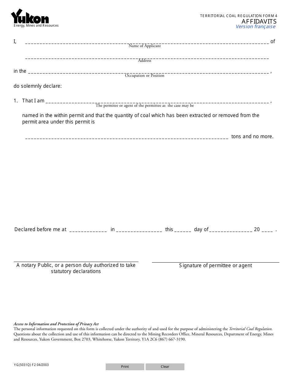 TERRITORIAL COAL REGULATION Form 4 (YG5031) - Fill Out, Sign Online and ...