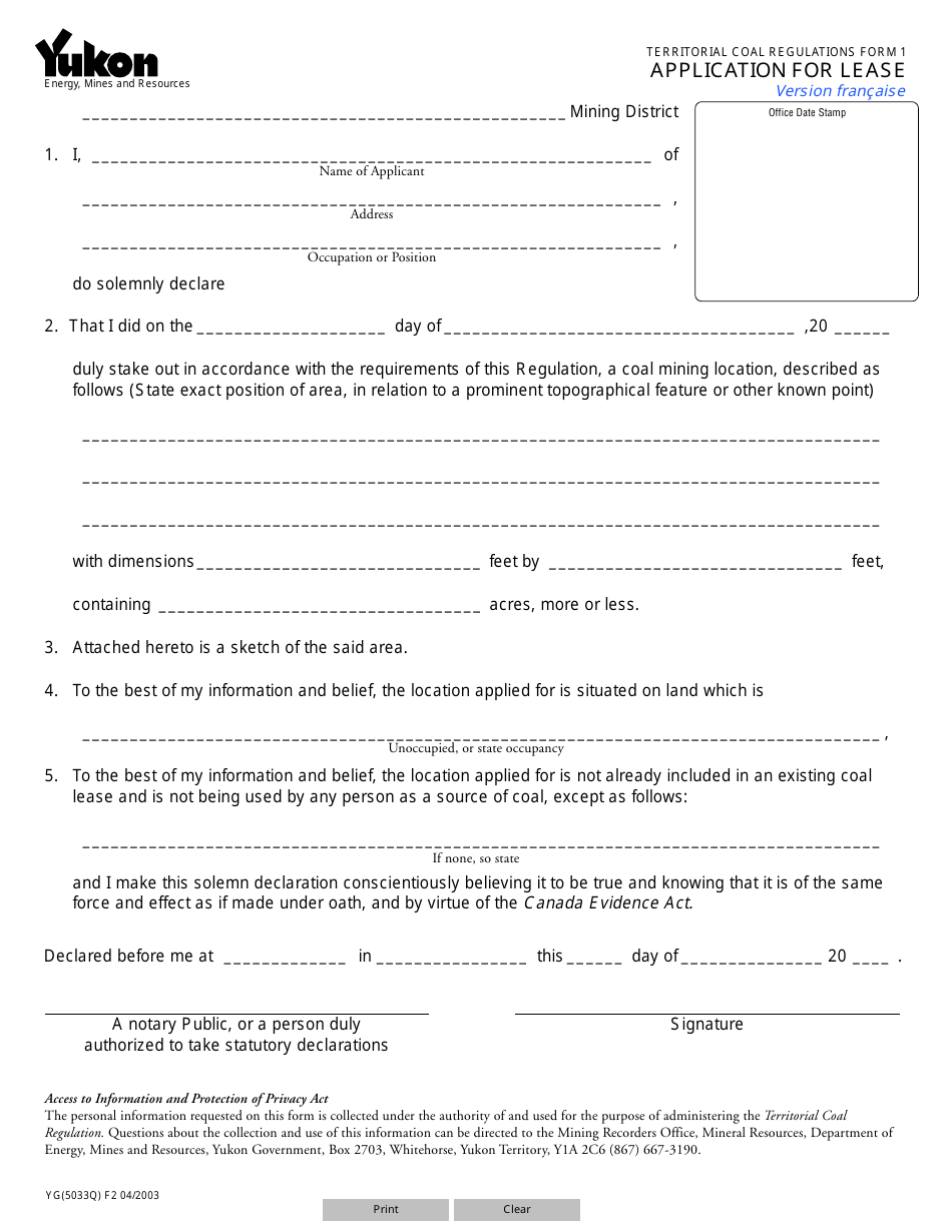 TERRITORIAL COAL REGULATION Form 1 (YG5033) Application for Lease - Yukon, Canada, Page 1