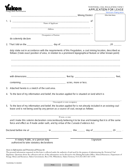 TERRITORIAL COAL REGULATION Form 1 (YG5033) Application for Lease - Yukon, Canada