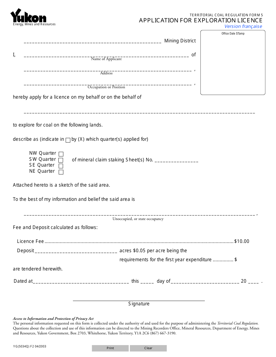 TERRITORIAL COAL REGULATION Form 5 (YG5034) Application for Exploration Licence - Yukon, Canada, Page 1