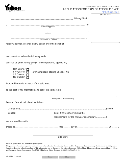 TERRITORIAL COAL REGULATION Form 5 (YG5034) Application for Exploration Licence - Yukon, Canada
