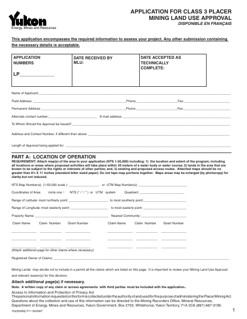 Form YG5068 Application for Class 3 Placer Mining Land Use Approval - Yukon, Canada