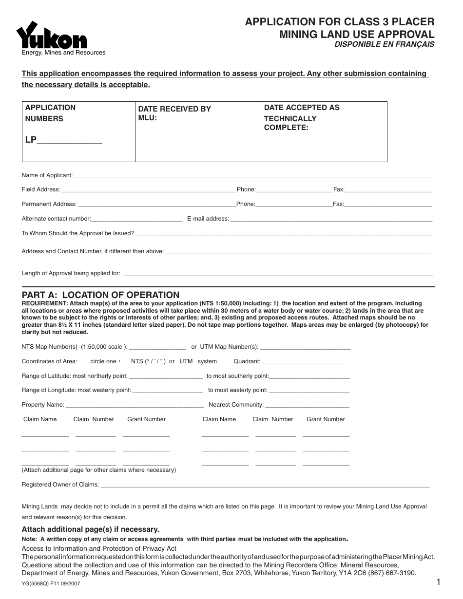 Form YG5068 Application for Class 3 Placer Mining Land Use Approval - Yukon, Canada, Page 1
