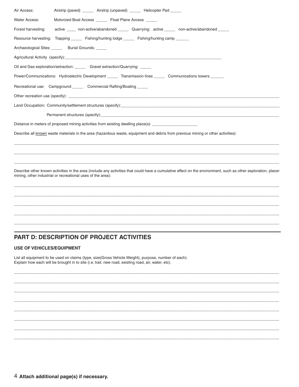 Form YG5068 Application for Class 3 Placer Mining Land Use Approval - Yukon, Canada, Page 4