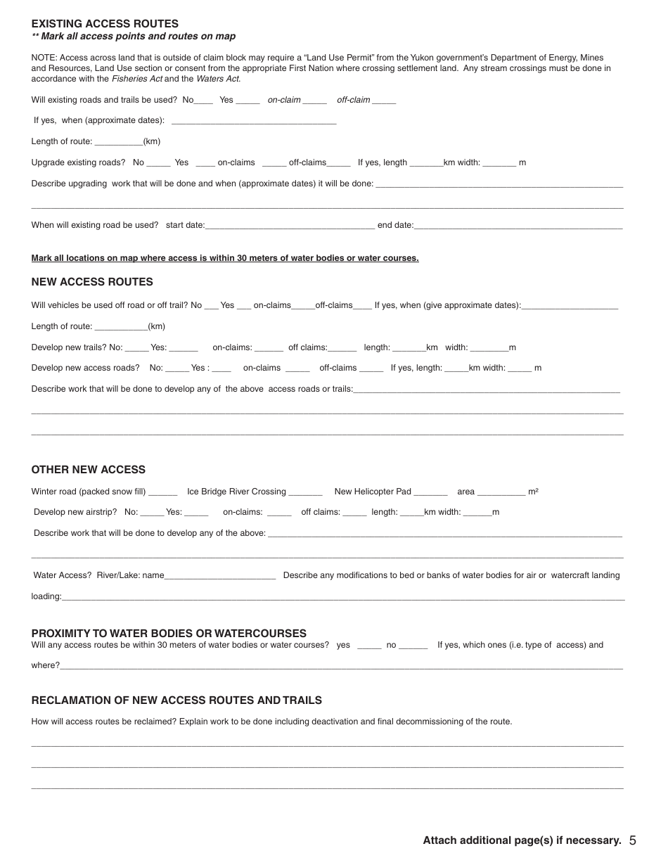 Form YG5068 Application for Class 3 Placer Mining Land Use Approval - Yukon, Canada, Page 5