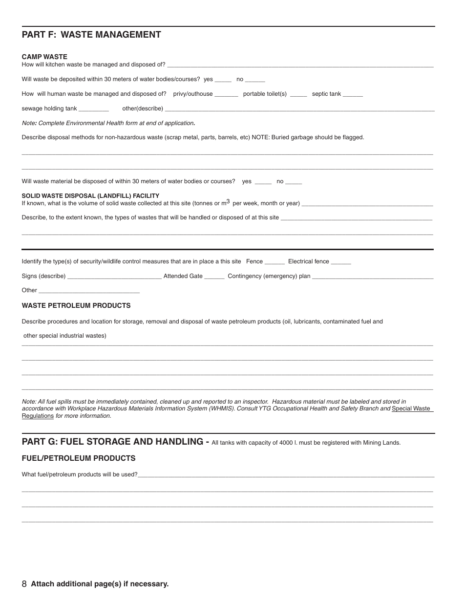 Form YG5068 Application for Class 3 Placer Mining Land Use Approval - Yukon, Canada, Page 8