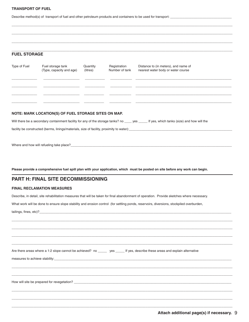Form YG5068 Application for Class 3 Placer Mining Land Use Approval - Yukon, Canada, Page 9