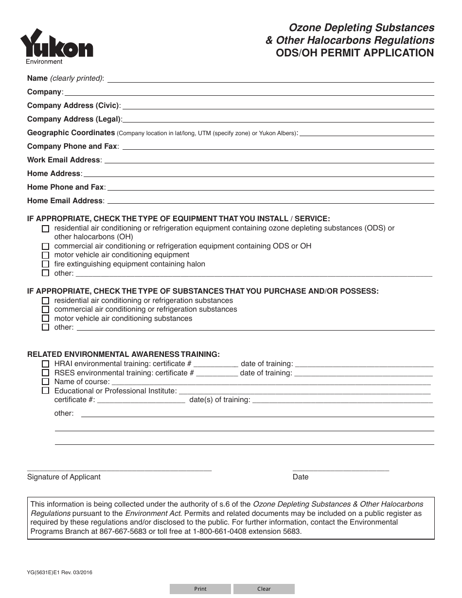 Form YG5631 Ods/Oh Permit Application - Yukon, Canada, Page 1