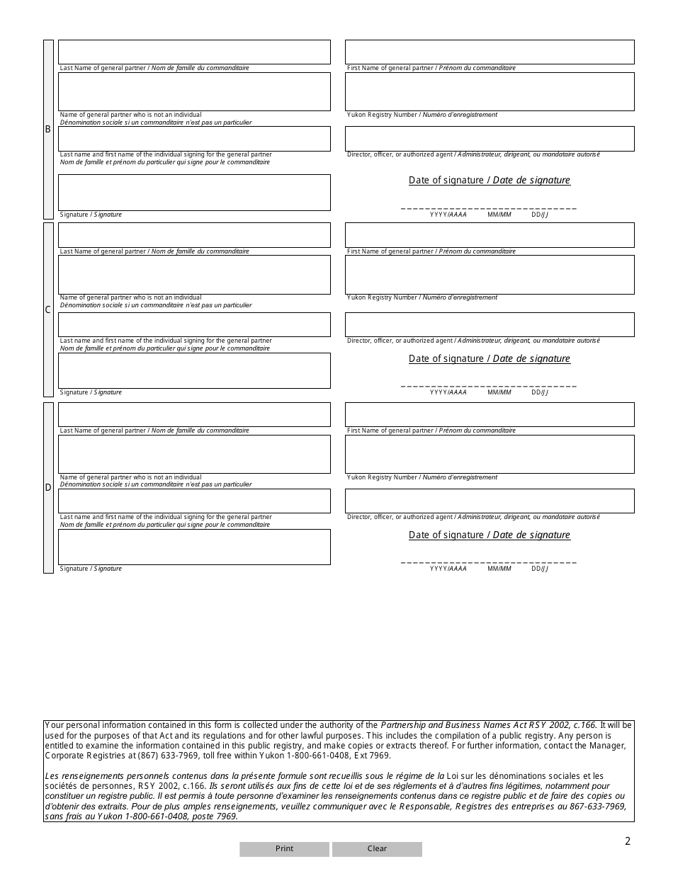 Form 2 (YG6190) Notice of Change of Registered Office of Limited Partnership - Yukon, Canada (English / French), Page 2