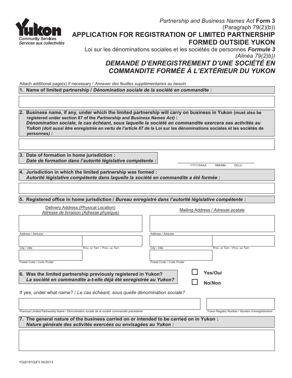 Form 3 (YG6191) Application for Registration of Limited Partnership Formed Outside Yukon - Yukon, Canada (English / French), Page 1