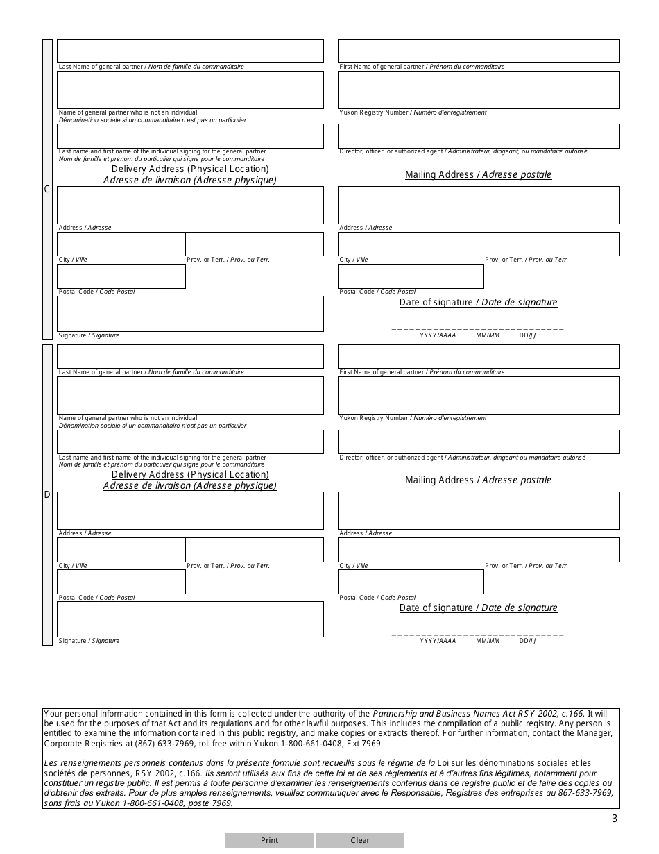 Form 3 (YG6191) Application for Registration of Limited Partnership Formed Outside Yukon - Yukon, Canada (English / French), Page 3