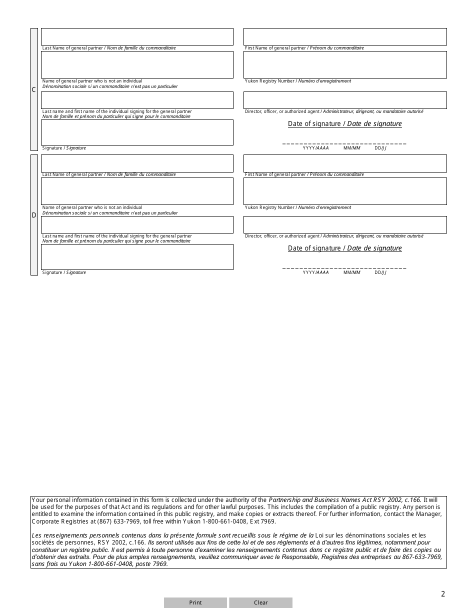 Form 1 (YG6189) Notice of Registered Office of Limited Partnership - Yukon, Canada (English / French), Page 2