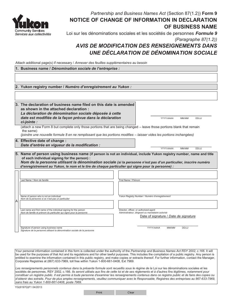 Form 9 (YG6197) Notice of Change of Information in Declaration of Business Name - Yukon, Canada (English / French), Page 1