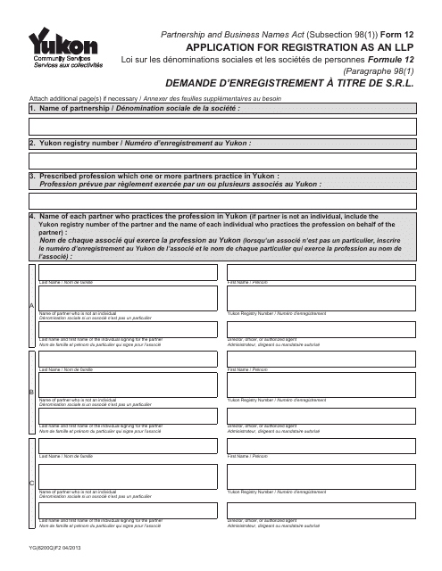 Form 12 (YG6200) Application for Registration as an Llp - Yukon, Canada (English/French)