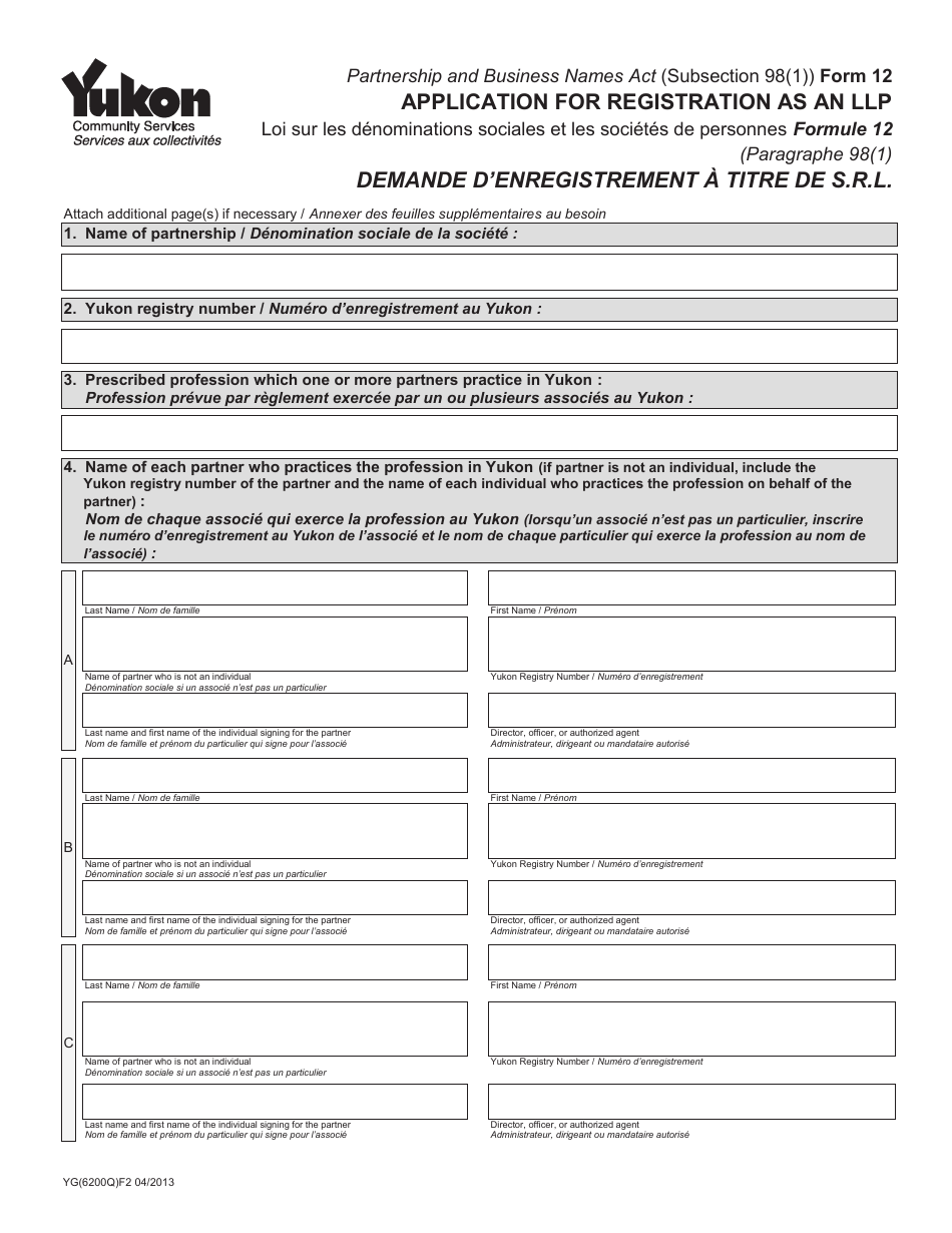 Form 12 (YG6200) Application for Registration as an Llp - Yukon, Canada (English / French), Page 1
