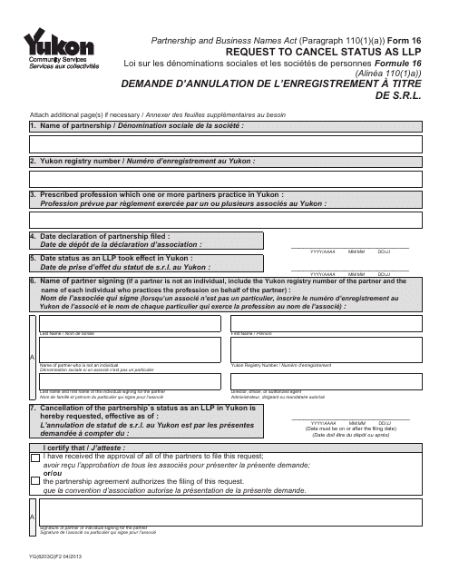 Form 16 (YG6203) Request to Cancel Status as Llp - Yukon, Canada (English/French)