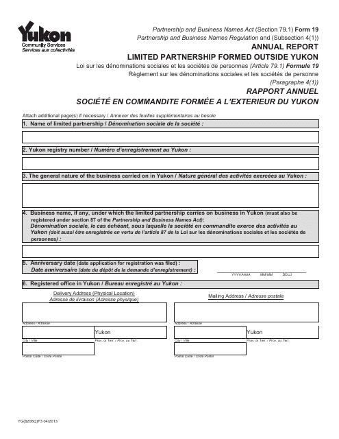 Form 19 (YG6206) Annual Report Limited Partnership Formed Outside Yukon - Yukon, Canada (English/French)