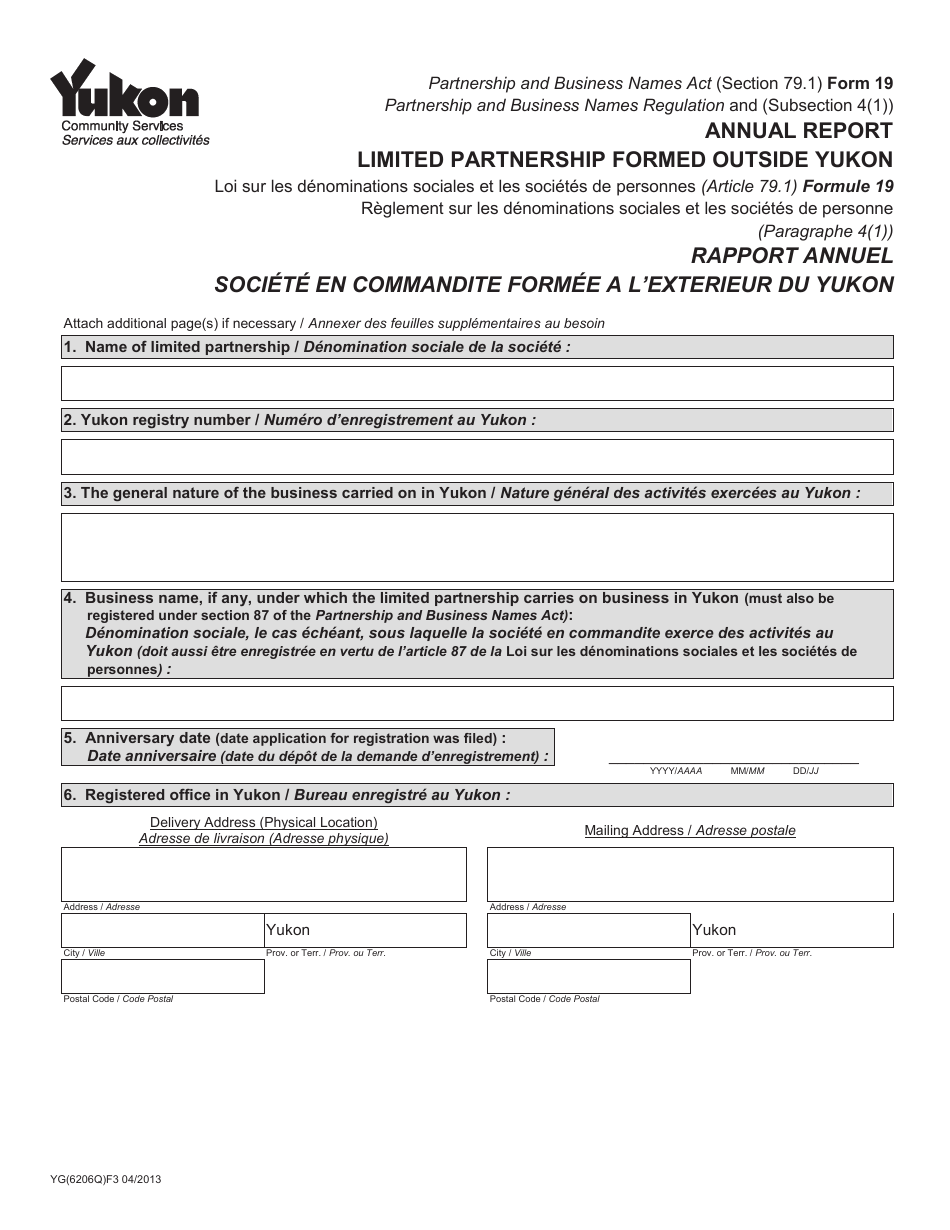Form 19 (YG6206) Annual Report Limited Partnership Formed Outside Yukon - Yukon, Canada (English / French), Page 1