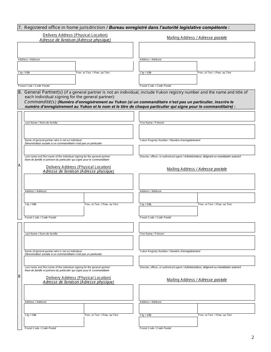 Form 19 (YG6206) Annual Report Limited Partnership Formed Outside Yukon - Yukon, Canada (English / French), Page 2