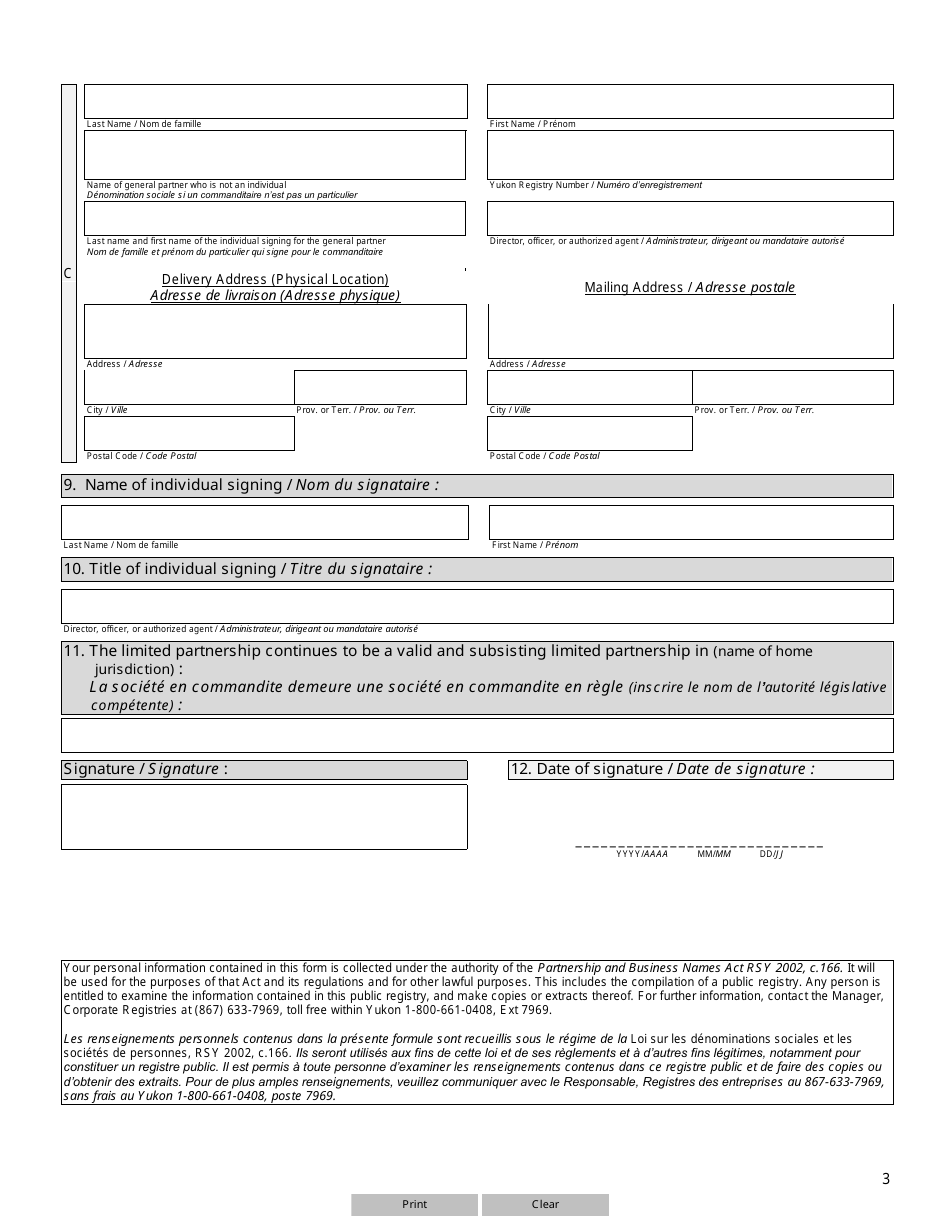 Form 19 (YG6206) Annual Report Limited Partnership Formed Outside Yukon - Yukon, Canada (English / French), Page 3