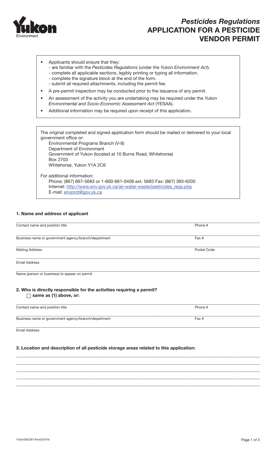 Form YG4430 Application for a Pesticide Vendor Permit - Yukon, Canada, Page 1