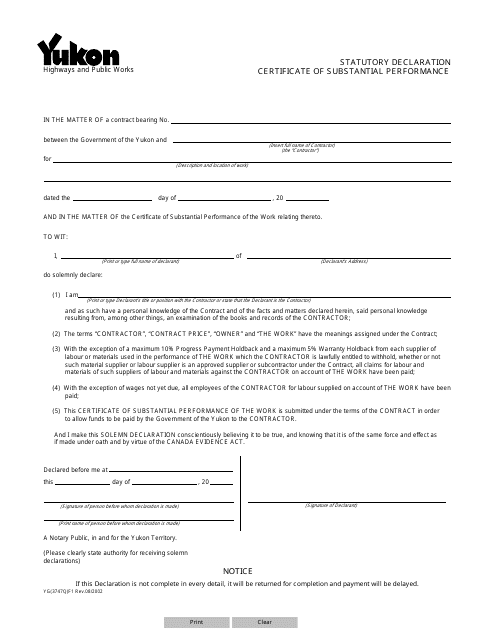 Form YG3747 Statutory Declaration - Certificate of Substantial Performance - Yukon, Canada