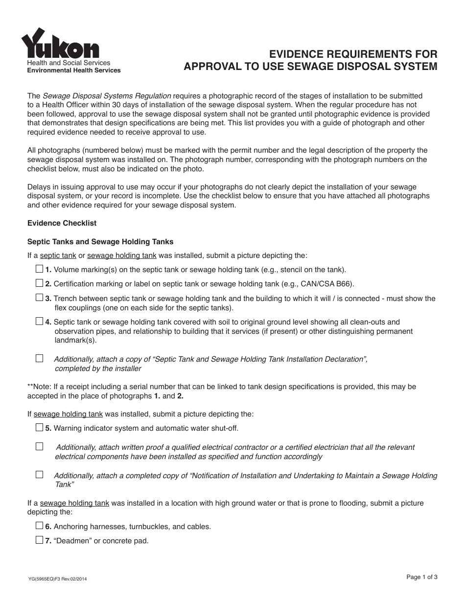 Form YG5965 Evidence Requirements for Approval to Use Sewage Disposal System - Yukon, Canada, Page 1