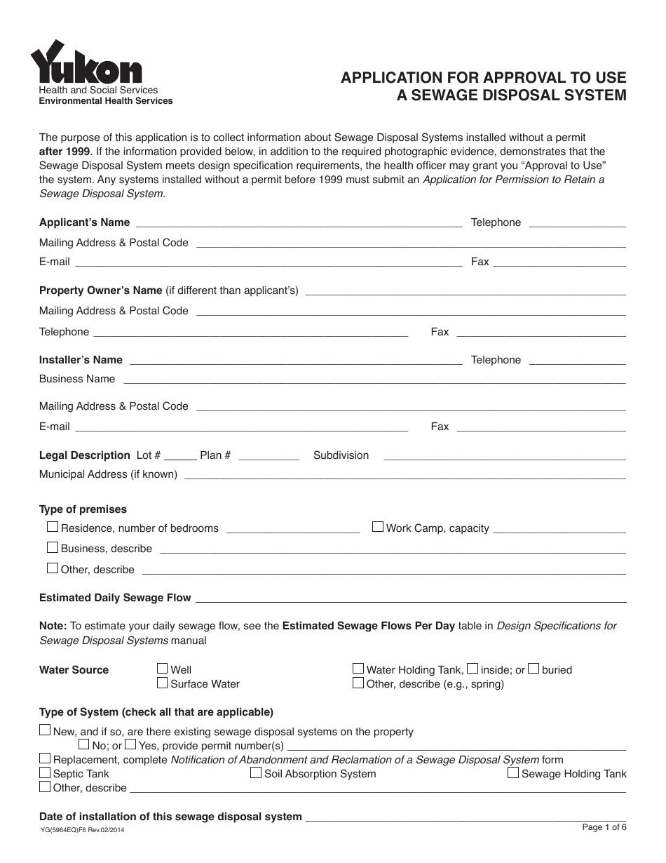 Form YG5964 Application for Approval to Use a Sewage Disposal System - Yukon, Canada, Page 1