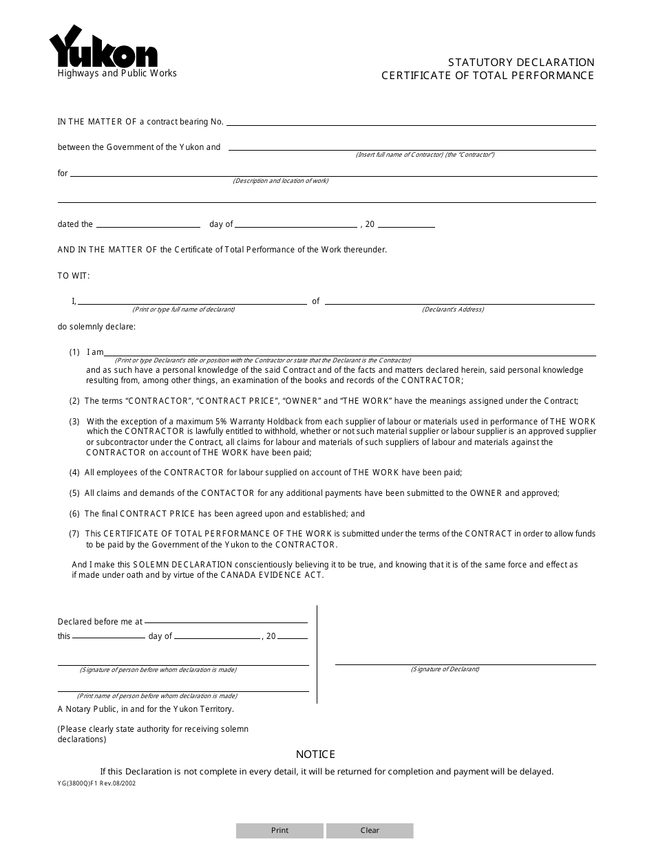 Form YG3800 Statutory Declaration Certificate of Total Performance - Yukon, Canada, Page 1