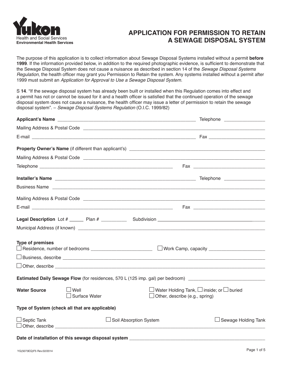 Form YG5073 Application for Permission to Retain a Sewage Disposal System - Yukon, Canada, Page 1
