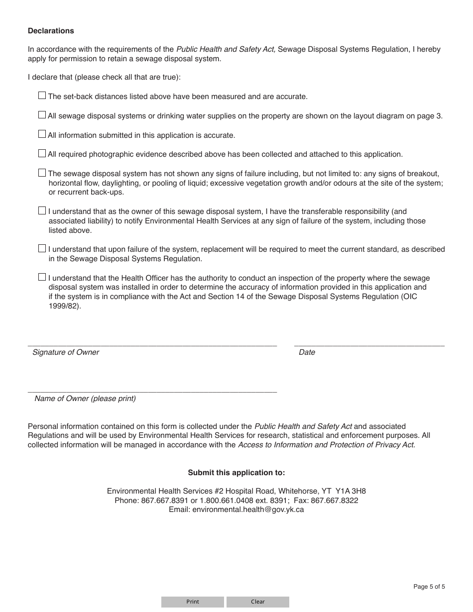 Form YG5073 Application for Permission to Retain a Sewage Disposal System - Yukon, Canada, Page 5