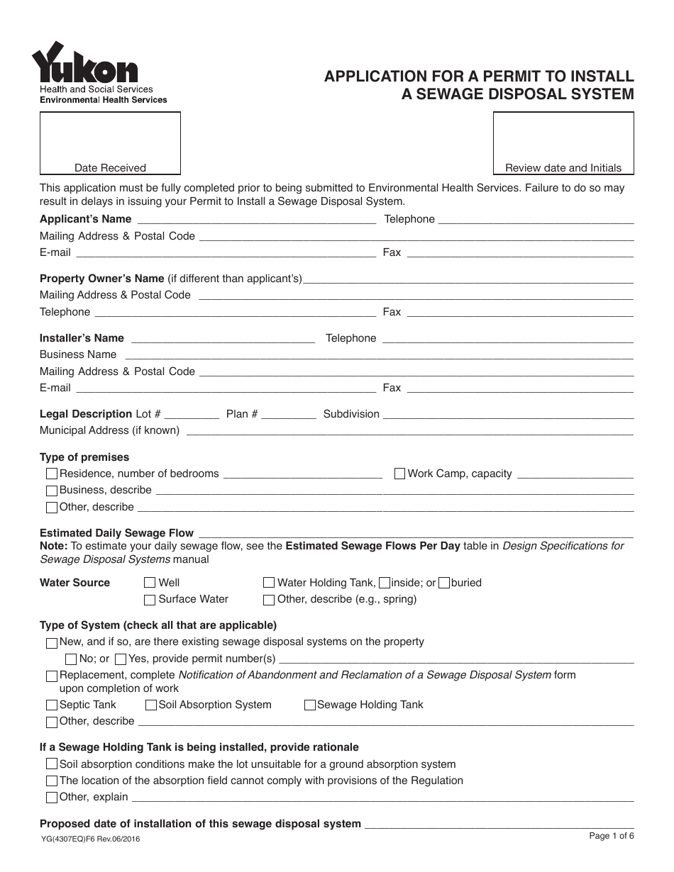 Form YG4307 Application for a Permit to Install a Sewage Disposal System - Yukon, Canada, Page 1