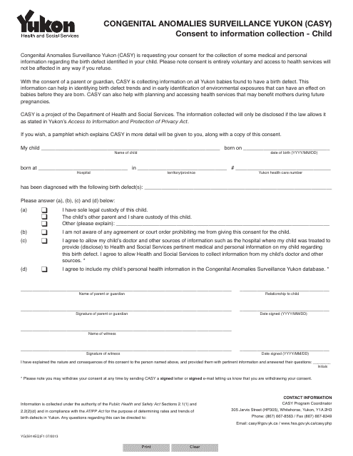 Form YG5914 Congenital Anomalies Surveillance Yukon (Casy) Consent to Information Collection - Child - Yukon, Canada