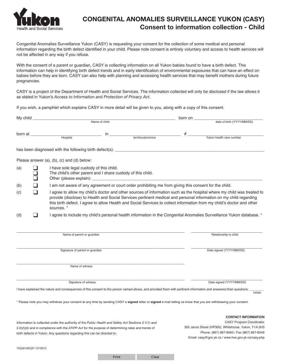 Form YG5914 Congenital Anomalies Surveillance Yukon (Casy) Consent to Information Collection - Child - Yukon, Canada, Page 1