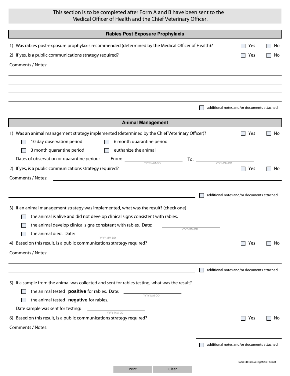 Form B (YG5813) Rabies Risk Investigation - Yukon, Canada, Page 2