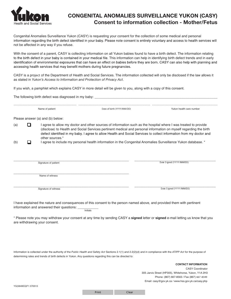 Form YG5849 Congenital Anomalies Surveillance Yukon (Casy) Consent to Information Collection - Mother / Fetus - Yukon, Canada, Page 1