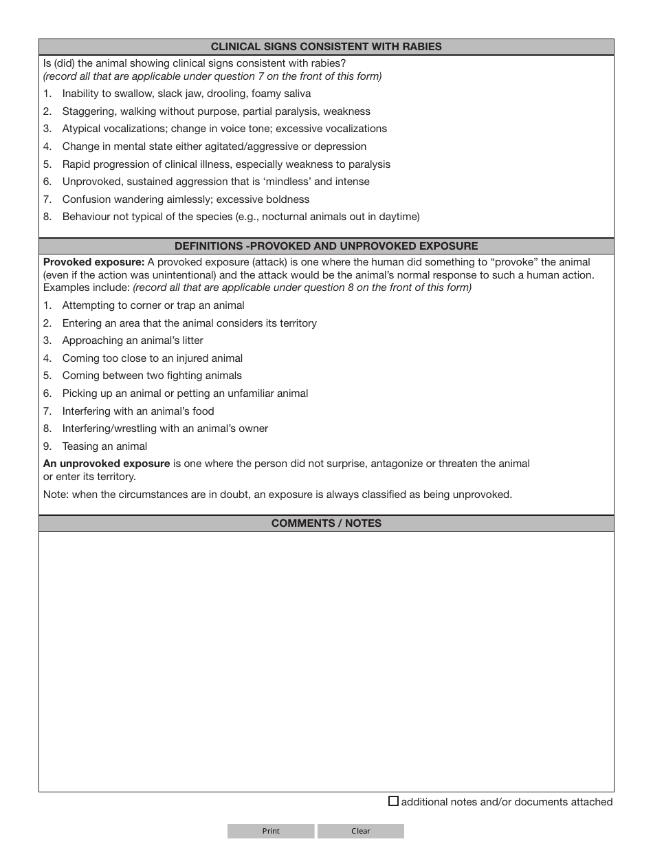 Form A (YG5812) Rabies Risk Investigation - Yukon, Canada, Page 2