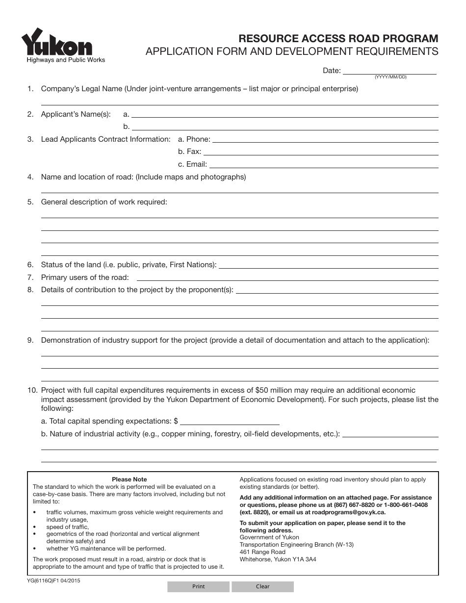 Form YG6116 Download Fillable PDF or Fill Online Resource Access Road