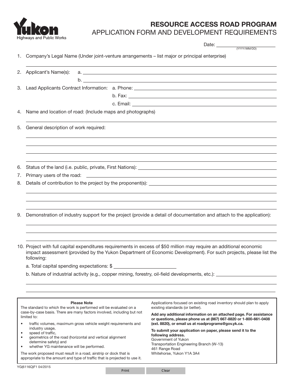 Form YG6116 Resource Access Road Program Application Form and Development Requirements - Yukon, Canada, Page 1