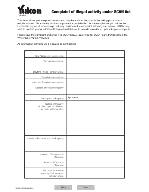Form YG5847 Complaint of Illegal Activity Under Scan Act - Yukon, Canada