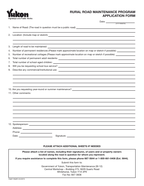 Form YG6118 Rural Road Maintenance Program Application Form - Yukon, Canada