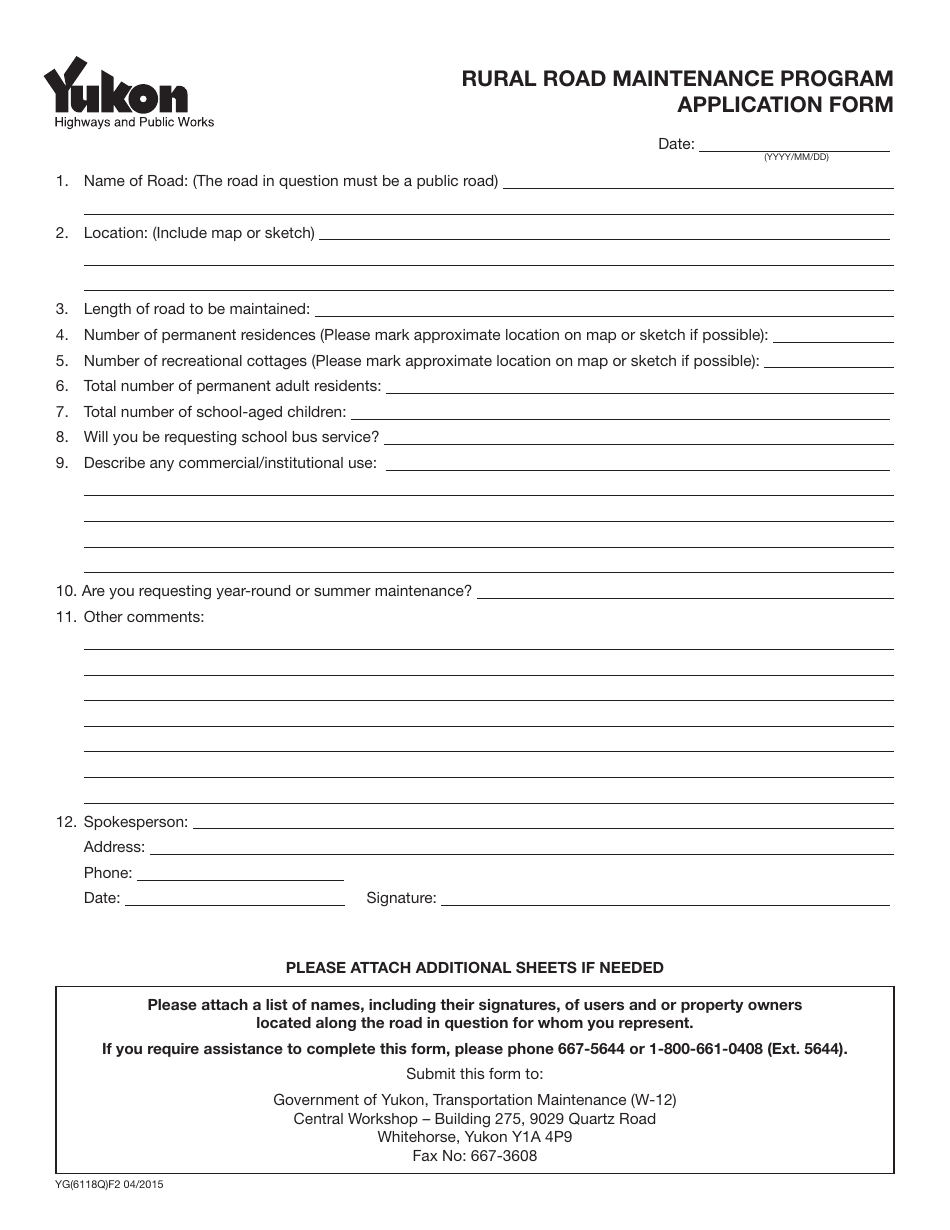 Form YG6118 Rural Road Maintenance Program Application Form - Yukon, Canada, Page 1