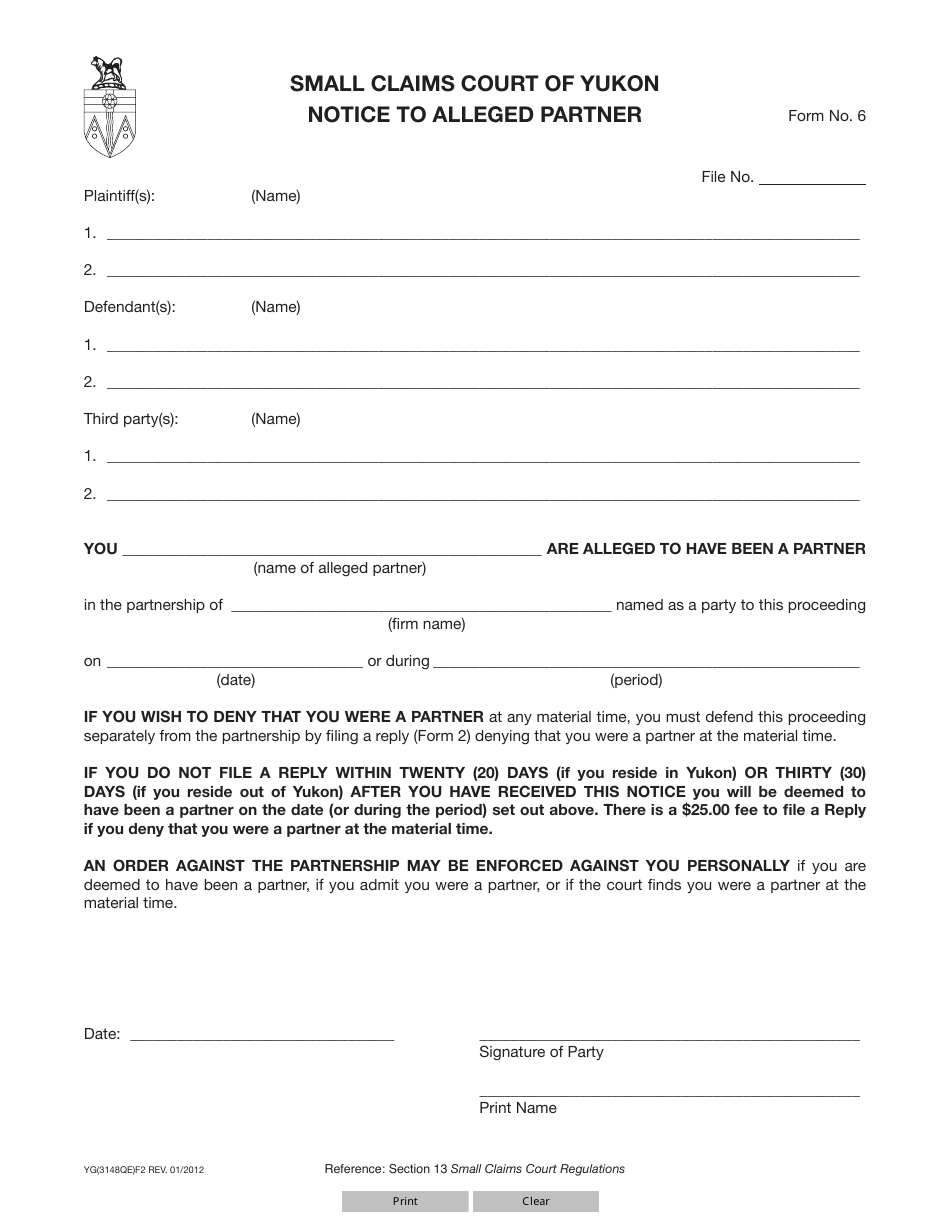 Form 6 (YG3148) Notice to Alleged Partner - Yukon, Canada, Page 1