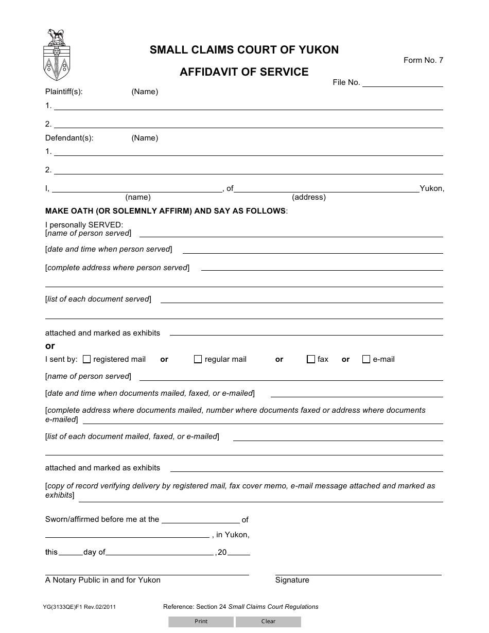 Form 7 (YG3133) Affidavit of Service - Yukon, Canada, Page 1