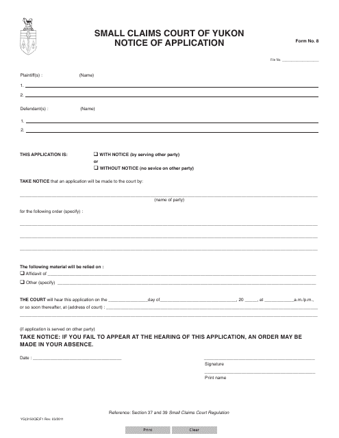 Form 8 (YG3150) Notice of Application - Yukon, Canada