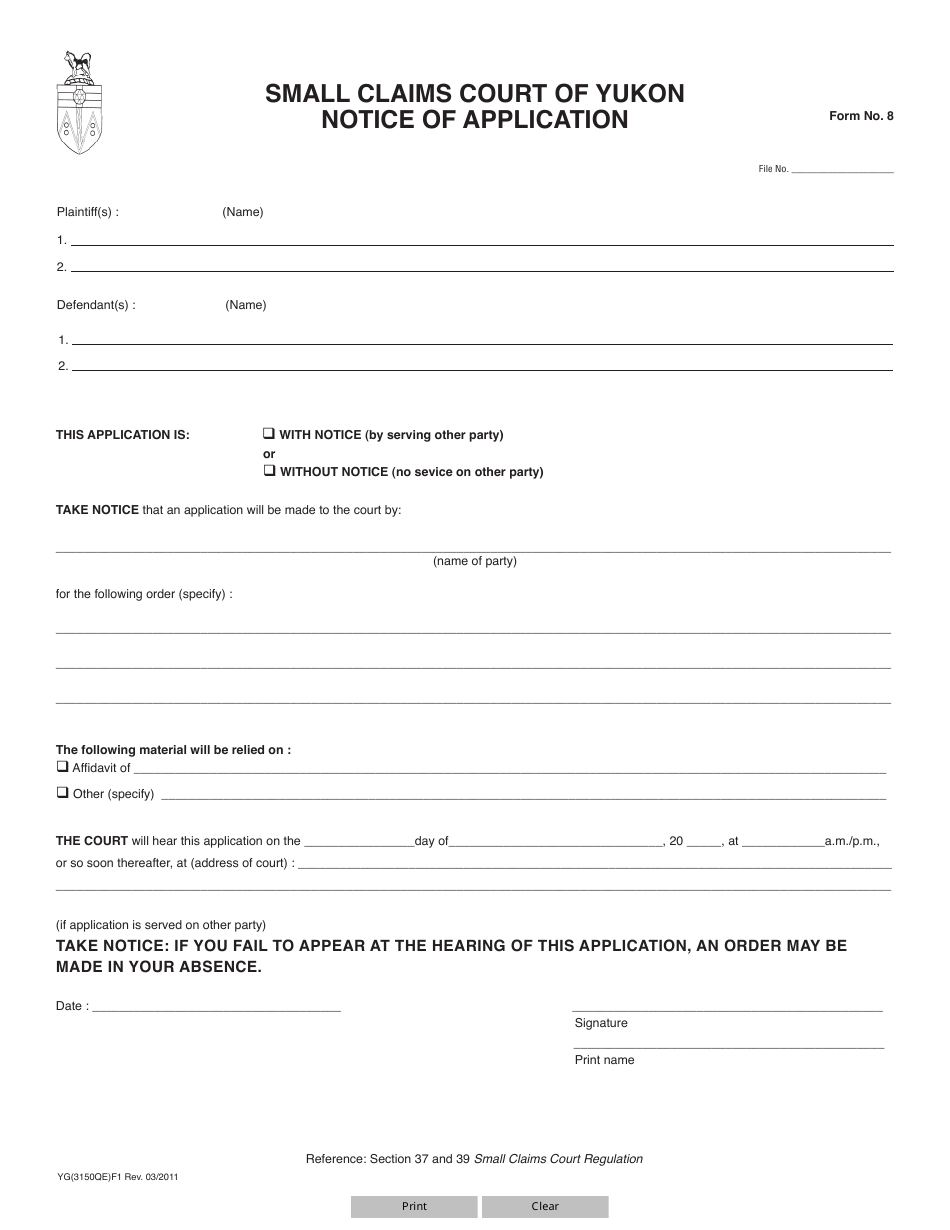 Form 8 (YG3150) Download Fillable PDF or Fill Online Notice of