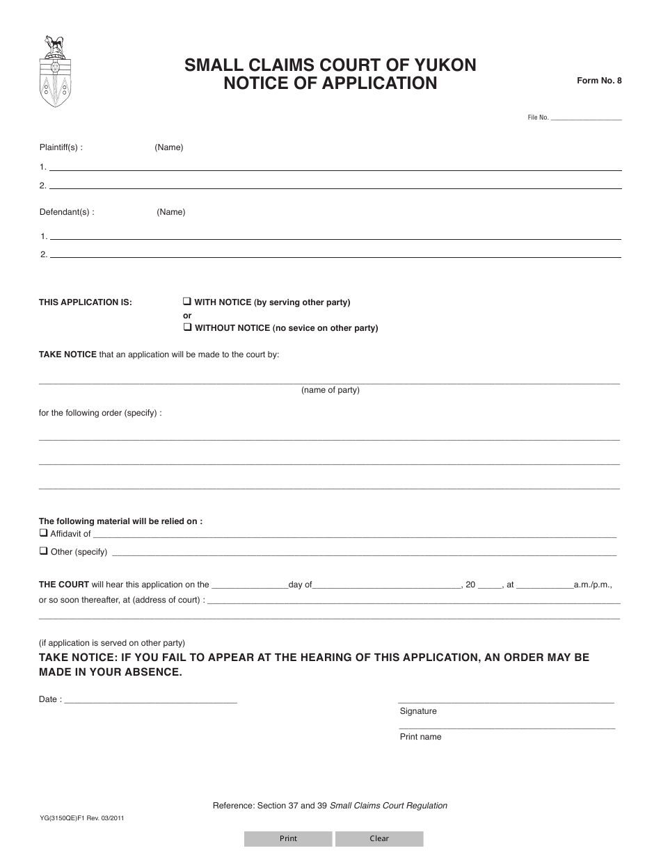 Form 8 (YG3150) Notice of Application - Yukon, Canada, Page 1