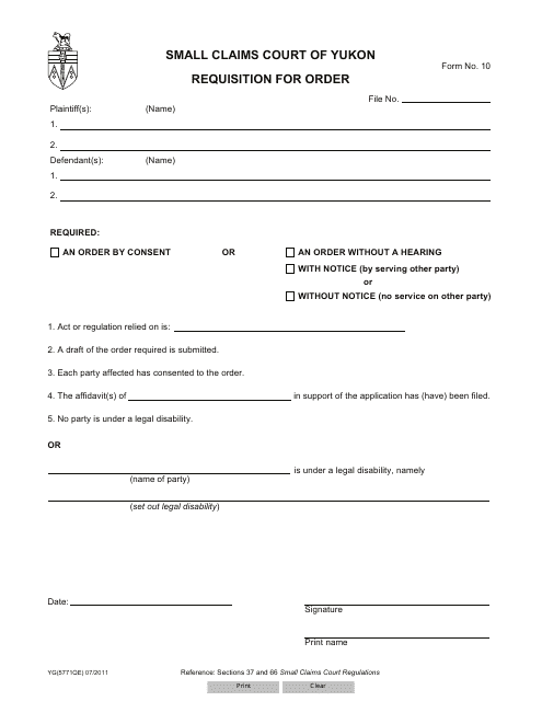 Form 10 (YG5771) Requisition for Order - Yukon, Canada
