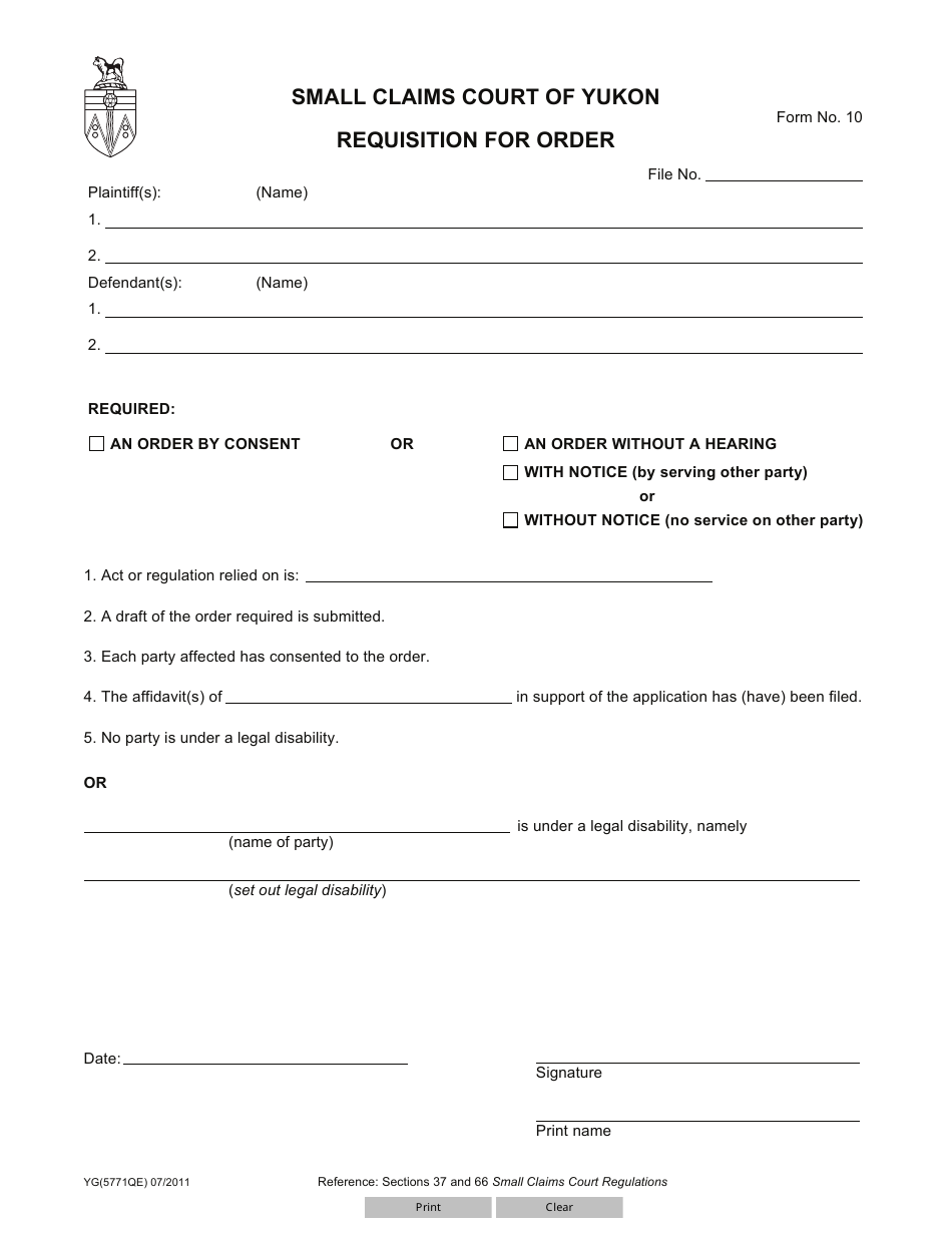 Form 10 (YG5771) Requisition for Order - Yukon, Canada, Page 1